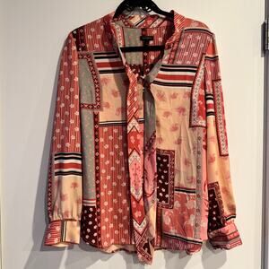 Talbots Tie Neck Top Pink Floral Button Front Long Sleeve Sz S Women's